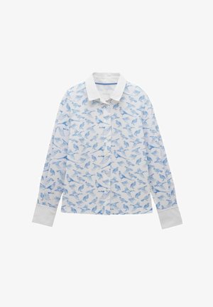 Weißes, langärmliges Hemd mit Knöpfen, blauem Vogelmuster, weißem Kragen und weißen Manschetten.