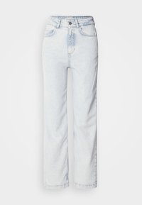 Jeans taille haute bleu clair avec une coupe droite, en denim. Comprend une fermeture à bouton, un design à cinq poches et une texture légèrement délavée.