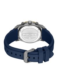 Modra silikonasta ura s ohišjem iz nerjavnega jekla. Ponaša se z teksturirano srebrno številčnico in sponko z logotipom "POLICE". Vodoodporna do 5 ATM.