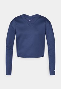 Μπλε ναυτικό crop top με μακριά μανίκια και σχεδιασμό V-neck. Διαθέτει λείο υλικό και μικρό λευκό λογότυπο στο αριστερό μανίκι.