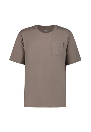 Kortærmet t-shirt i taupe med rund halsudskæring, en brystlomme og blød, glat bomuldsstof. Lige skåret nederste kant.