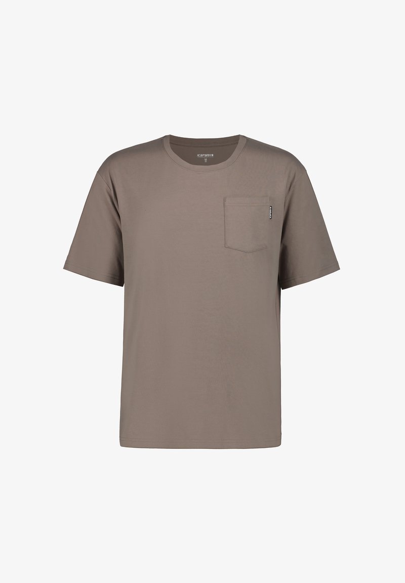 Camiseta de mangas cortas en topo con cuello redondo, un bolsillo en el pecho y de suave y lisa tela de algodón. Dobladillo inferior recto.