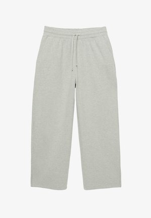 Light gray sweatpants made of soft fabric, featuring an elastic waistband, drawstring, and straight leg design. No pockets visible.