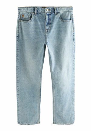 Lichtblauwe denim jeans met een rechte snit, vijf-pocket ontwerp en een zilveren knoopsluiting. Kenmerkt zichtbare stiksels en een zachte textuur.