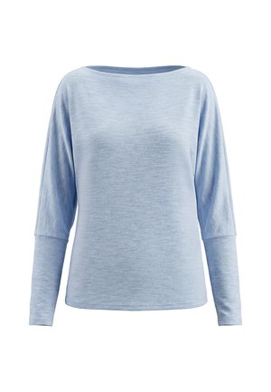 Haut pour femme bleu clair à manches longues avec large encolure bateau et poignets ajustés, fabriqué en tissu doux et texturé.