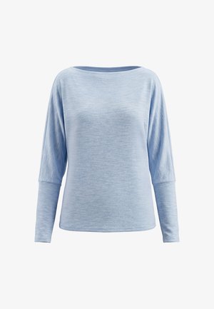 Lichtblauw damestopje met lange mouwen, brede boothals en aansluitende manchetten, gemaakt van zachte gestructureerde stof.