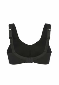 Musta rintaliivi leveillä olkaimilla ja hakasen sekä silmän sulkijalla takana. Valmistettu sileästä, joustavasta kankaasta, saumatonta muotoilua ilman pehmustusta.