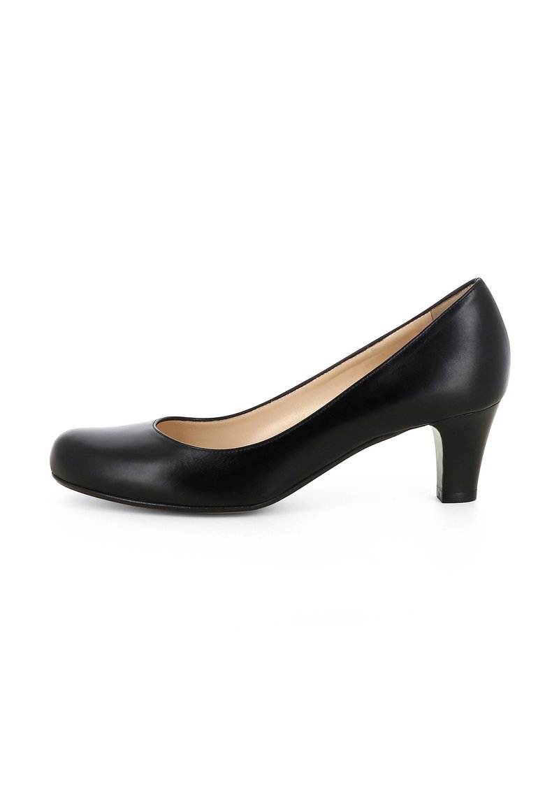 Scarpa decolleté nera in pelle con finitura liscia, punta rotonda e tacco medio basso. L'interno è beige con un design semplice e pulito.