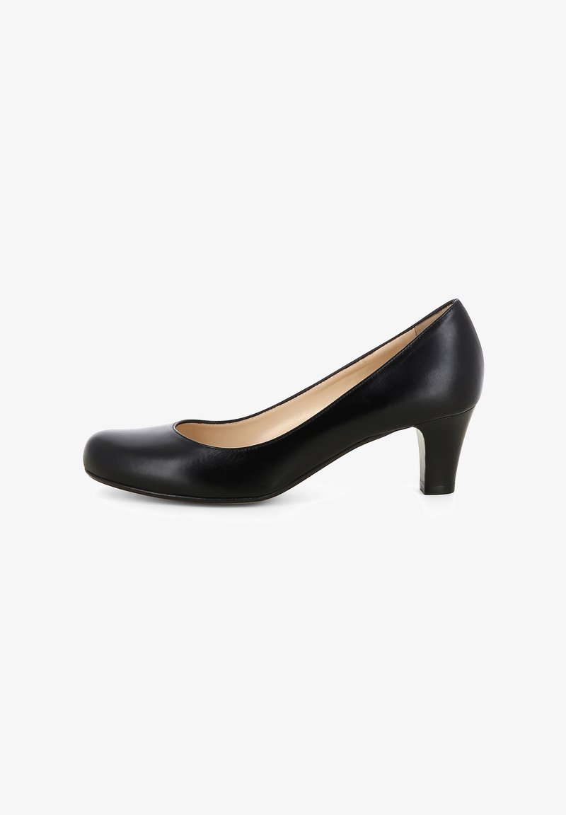Scarpa decolleté nera in pelle con finitura liscia, punta rotonda e tacco medio basso. L'interno è beige con un design semplice e pulito.