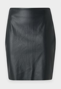 Mini-jupe taille haute en simili cuir noir avec une surface lisse, légèrement texturée et un ourlet droit.