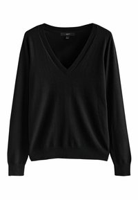 Schwarzer Pullover mit V-Ausschnitt und langen Ärmeln aus weichem Material, mit gerippten Bündchen und Saum. Einfaches, aber vielseitiges Design.