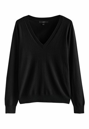 Melns džemperis ar V veida kaklu un garām piedurknēm, izgatavots no mīksta materiāla ar ribotām aprocēm un apakšu. Vienkāršs, taču daudzpusīgs dizains.
