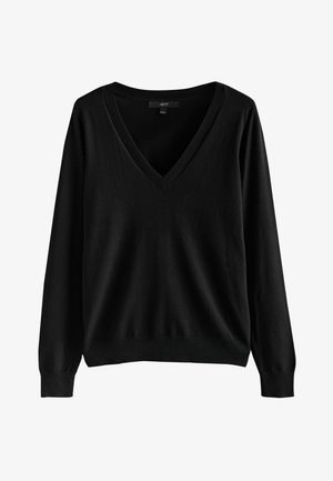 Melns džemperis ar V veida kaklu un garām piedurknēm, izgatavots no mīksta materiāla ar ribotām aprocēm un apakšu. Vienkāršs, taču daudzpusīgs dizains.