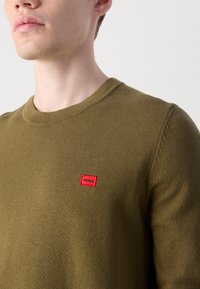 Pull à col rond en tricot vert olive avec un patch logo rectangulaire rouge sur la poitrine. Présente des détails de couture subtils.