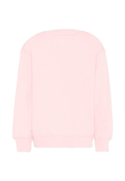 Jasnoróżowa bluza z długim rękawem i okrągłym dekoltem, jednolity wzór, ściągacze na mankietach i dole, przedstawiona na płasko od tyłu na białym tle.