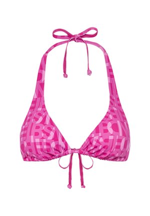 Rosa Bikini-Oberteil in dreieckiger Form, mit einem auffälligen Buchstabenmuster und verstellbaren Bindebändern für eine individuelle Passform.