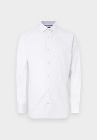 Weißes langärmliges Baumwollhemd mit feiner Struktur, Button-Down-Kragen und blauem Akzent innen im Kragen. Regulär geschnitten.