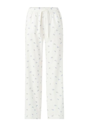 Witte pyjamabroek met trekkoord, kleine blauwe bloemenprint, rechte pijpen en elastische tailleband.