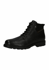 Botas de tobillo de cuero negro con un acabado texturizado, diseño con cordones y suela resistente, con ojetes y un cuello acolchado.