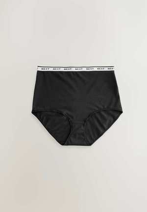 Schwarze hochgeschnittene Unterwäsche aus weichem Stoff mit einem weißen Bündchen, auf dem der Markenname "NEXT" in Schwarz gedruckt ist.