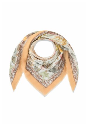 Square scarf with seashell and starfish patterns in pastel tones, featuring a peach-colored border and soft, lightweight fabric.