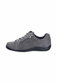 Gray suede sneaker with a black rubber sole, featuring a lace-up front and a side zipper for easy access. Minimalistic design and rounded shape.