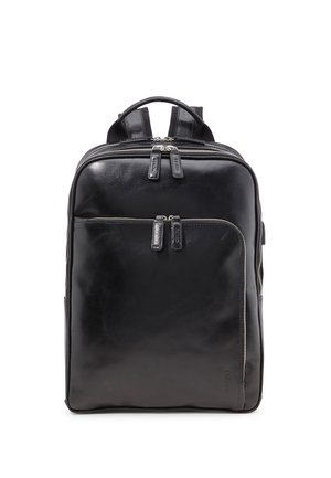 Black leather backpack with two zippered compartments, padded shoulder straps, and a top carry handle on a white background.