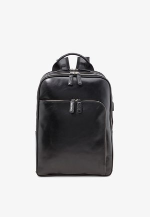 Black leather backpack with two zippered compartments, padded shoulder straps, and a top carry handle on a white background.