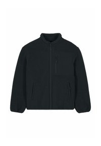 Veste en polaire noire avec fermeture éclair complète, poignets élastiques, deux poches latérales zippées et une poche poitrine zippée, présentée sur fond blanc.