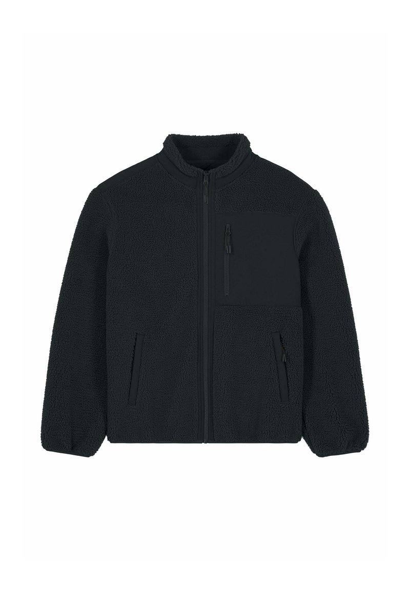 Veste en polaire noire avec fermeture éclair complète, poignets élastiques, deux poches latérales zippées et une poche poitrine zippée, présentée sur fond blanc.