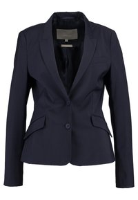 Námořnický modrý dobře střižený blazer s dlouhými rukávy, dvěma knoflíky a bočními kapsami. Hladká tkanina s čistým, strukturovaným designem.