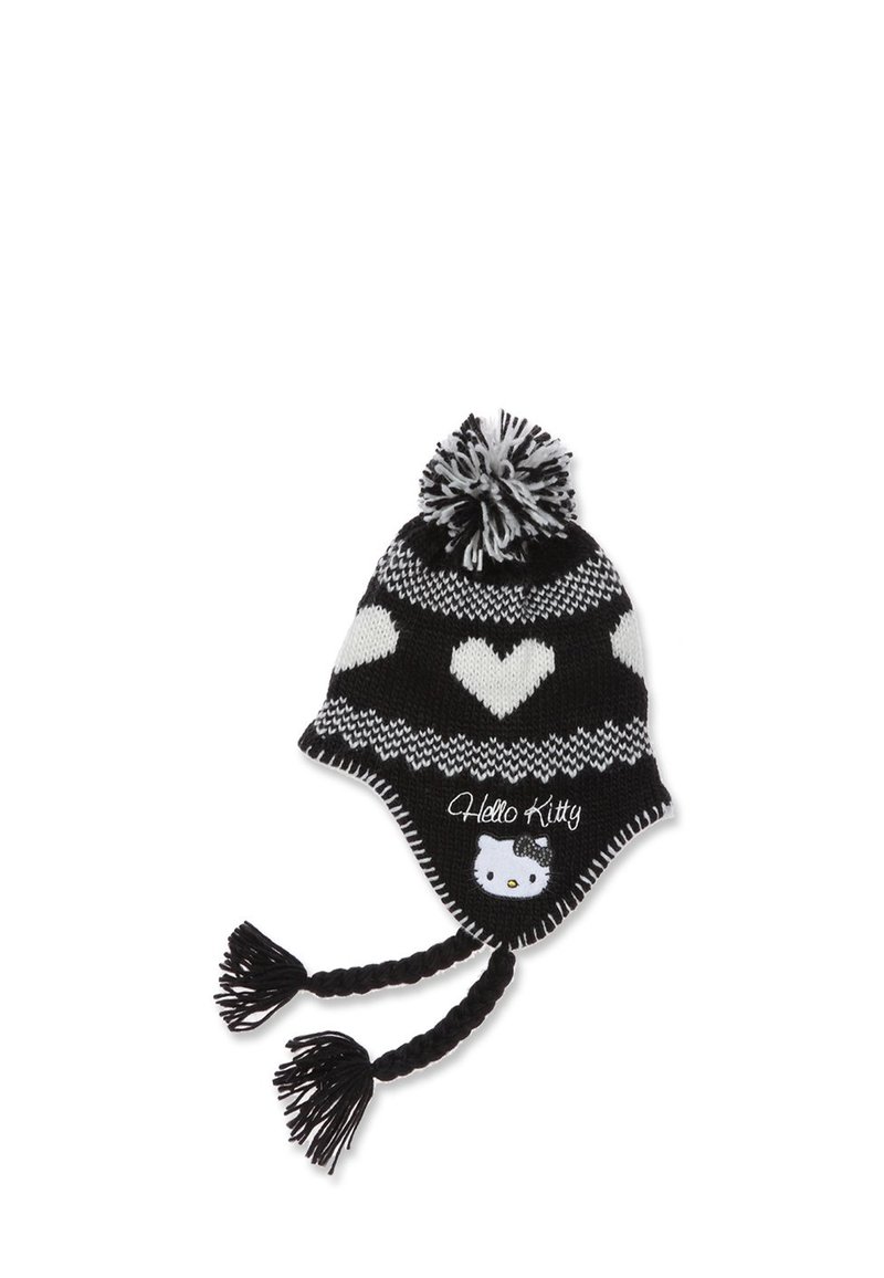 Schwarze und weiße gestrickte Mütze mit einem Herzmuster, geflochtenen Bändern und einem Pompon. Auf der Vorderseite befindet sich ein Hello Kitty-Design.