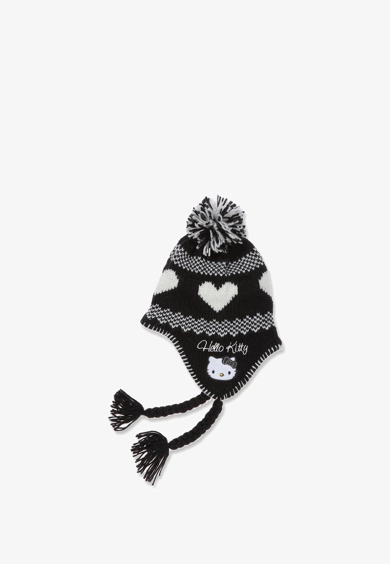 Cappello lavorato a maglia bianco e nero con motivo a cuore, con lacci intrecciati e pompon. Presenta un design di Hello Kitty sulla parte anteriore.