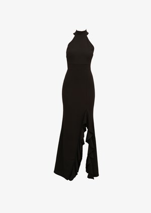 Schwarzes Halterneck-Kleid mit engem Oberteil und ausgestelltem Rock, der vorne mit einem rüschengeschmückten Schlitz versehen ist. Aus glattem Stoff gefertigt.