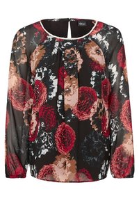 Blommig blus i genomskinligt tyg med svart bakgrund och stora röda, bruna och vita blommor; långa ärmar med draperade manschetter.