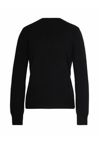 Maglione nero con maniche lunghe, scollo rotondo e un design a maglia semplice e strutturata; tessuto liscio e forma aderente.
