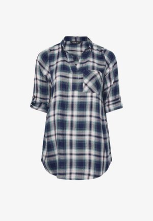 Camisa de cuadros en azul marino y verde claro con un bolsillo abotonado, mangas enrolladas y un corte relajado. Hecha de tela ligera.