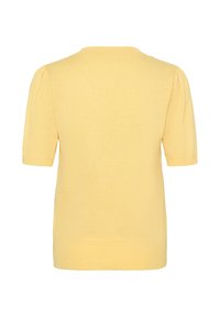 Gelbes Strickoberteil mit kurzen Ärmeln, rundem Ausschnitt und dezenten Puffdetails an den Schultern. Weiche Textur und figurbetontes Design.