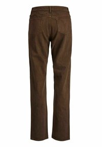Pantalones de mezclilla marrones con corte recto, que cuentan con dos bolsillos traseros, una cinturilla y una textura suave. Sin patrones ni acentos visibles.