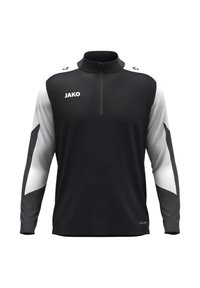 Maglietta sportiva a maniche lunghe bianca e nera con colletto alto, zip a quarto e logo sul fronte; presenta motivi a contrasto sulle maniche.