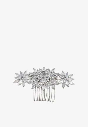 Silberner Haarkamm mit floralem Design und klaren, funkensprühenden Edelsteinen. Die Zähne des Kamms sind sichtbar und bieten funktionale Details.