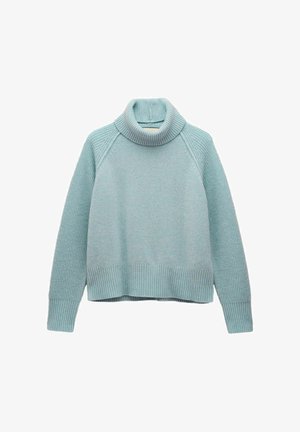 Světle modrý pletený rolák so žebrovanými koncami rukávov, spodným lemom a golierom, s raglánovými rukávmi.