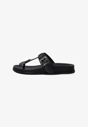 Black flip-flop sandals with a thong design, featuring a wide strap and metal buckle accent. Smooth rubber sole for comfort.