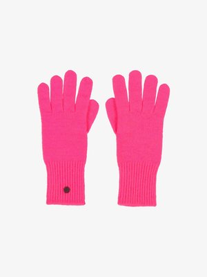 Guanti di maglia fucsia luminosi con polsini a coste, caratterizzati da un piccolo dettaglio circolare. Progettati per calore e comfort.