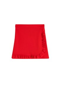 Roter Rock mit einem gefalteten Saum, aus elastischem Stoff gefertigt. Er hat eine glatte Textur und ein tailliertes Design, das sich für verschiedene Anlässe eignet.