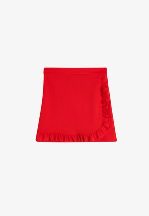 Gonna rossa con orlo arricciato, realizzata in tessuto elasticizzato. Presenta una superficie liscia e un design aderente, adatta a varie occasioni.