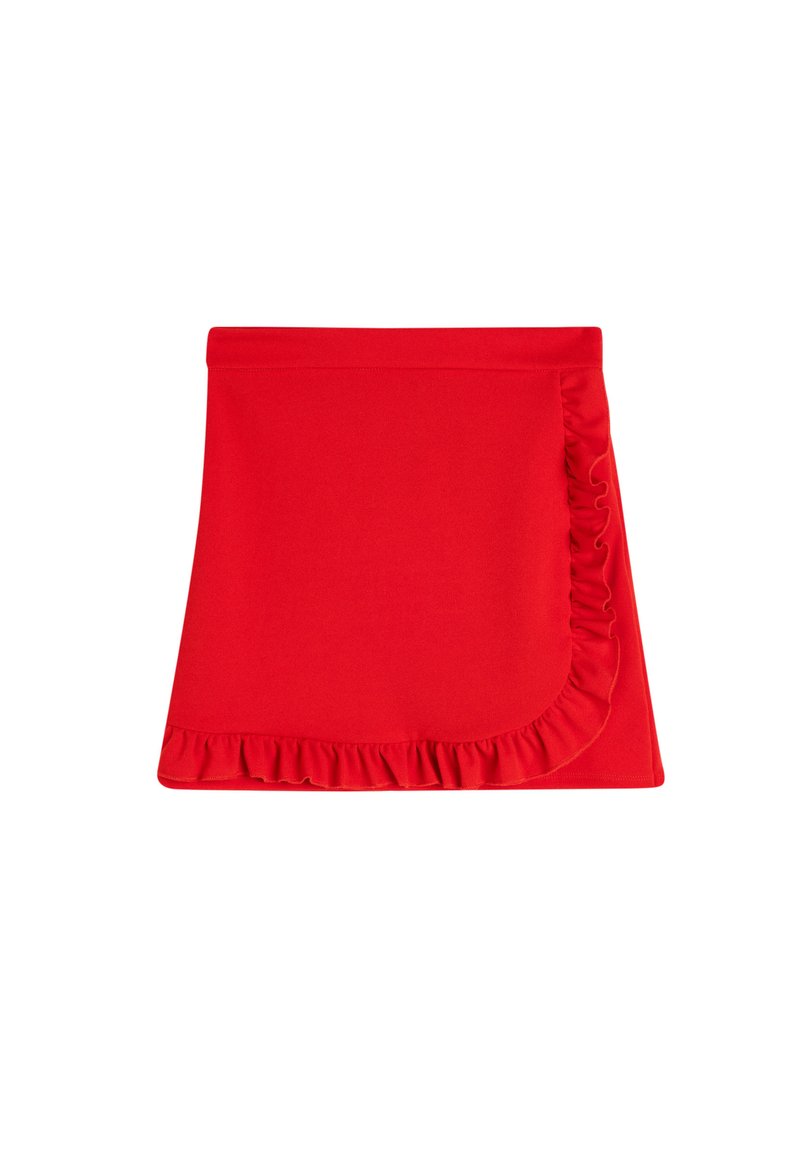 Roter Rock mit einem gefalteten Saum, aus elastischem Stoff gefertigt. Er hat eine glatte Textur und ein tailliertes Design, das sich für verschiedene Anlässe eignet.