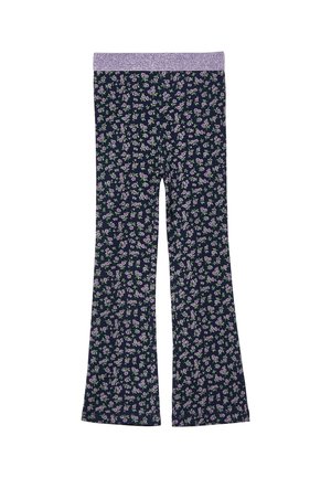 Navy blue flared pants with small pink floral print and wide sparkly light purple elastic waistband.