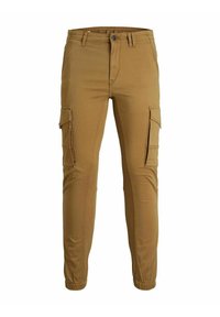 Cargo pants in tan cotton blend, featuring two side pockets and elastic cuffs at the ankles. Classic fit with a smooth texture.