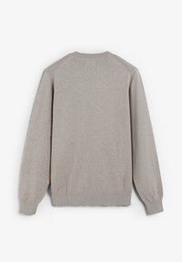 Hellgrauer Pullover mit langen Ärmeln, Rundhalsausschnitt, gerippten Bündchen und Saum sowie einer glatten, weichen Textur, die ein einfaches, klassisches Design präsentiert.